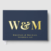 Elegant Monogram Foto Navy Blauw Bruiloft Gastenboek (Voorkant)