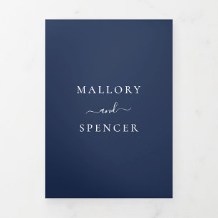 Elegant Monogram Foto Simple Navy Blue Wedding Drieluik Uitnodiging