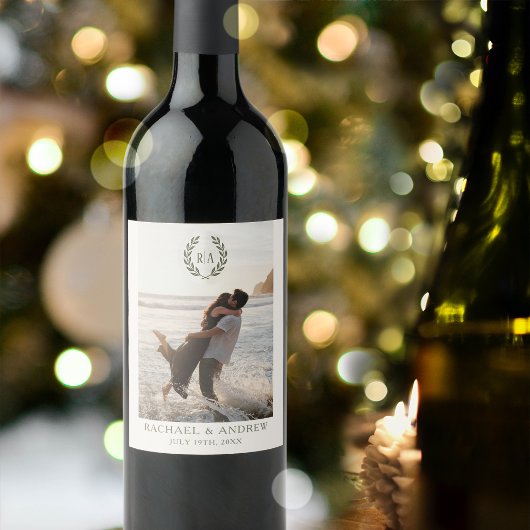 Elegant Monogram Foto Trouwkrans Groen Wijn Etiket