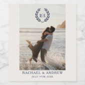 Elegant Monogram Foto Trouwkrans Marine Wijn Etiket (Enkel label)