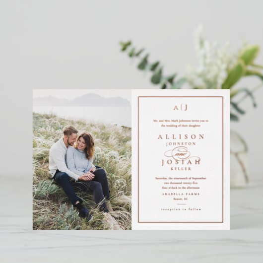 Elegant Monogram Foto Weddenschap Roos Gold Folie Uitnodiging (Staand Voorkant)