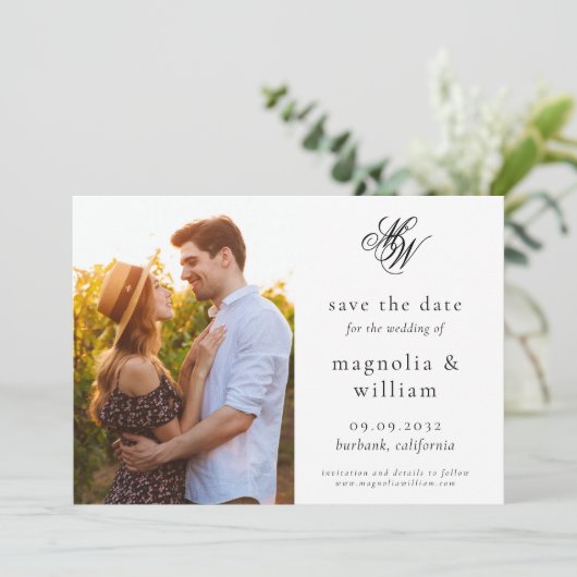 Elegant Monogram Foto Weddenschap Save the Date (Staand voorkant)