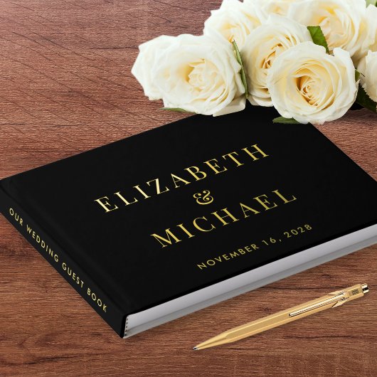 Elegant Monogram Foto Zwart Trouwen Gastenboek