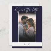 Elegant Monogram Fotokaligrafie Donkere Marine Save The Date (Achterkant)