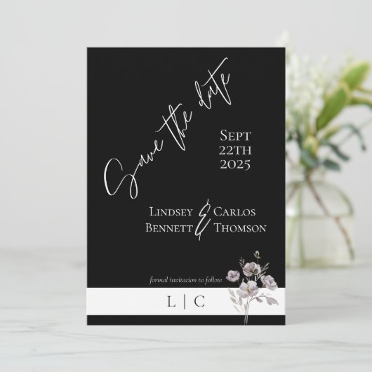 Elegant monogram Fotokaligrafie zwart Save The Date (Staand voorkant)