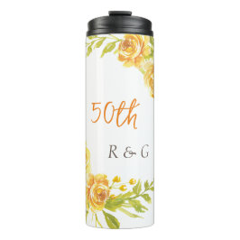 Elegant Monogram Geel Bloemkrans Bruiloft 50e Thermosbeker