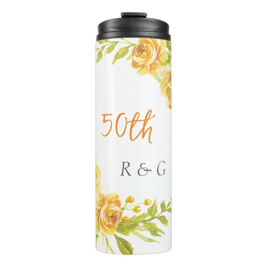 Elegant Monogram Geel Bloemkrans Bruiloft 50e Thermosbeker (Voorkant)