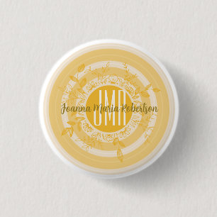ELEGANT MONOGRAM GEEL GOLD CREAM FLOWERS CUSTOM RONDE BUTTON 3,2 CM
