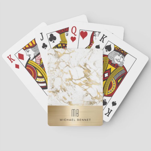 Elegant Monogram Gegoudwit Marmer Pokerkaarten (Achterkant)