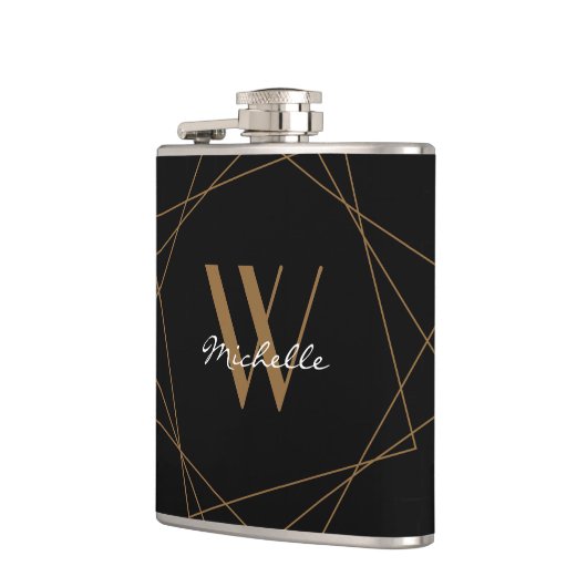 Elegant monogram Geometric Pattern Zwarte Gold Nam Heupfles (Links)