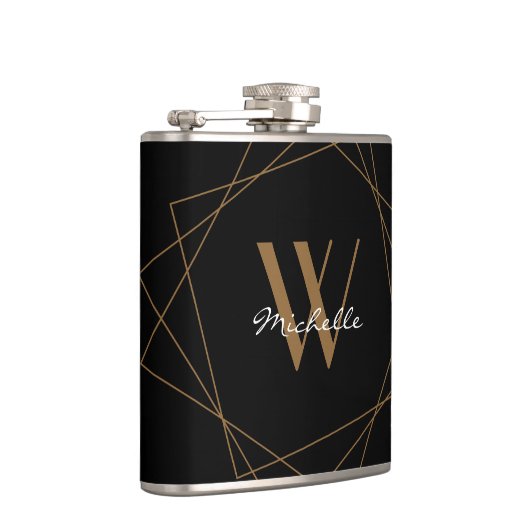 Elegant monogram Geometric Pattern Zwarte Gold Nam Heupfles (Rechts)