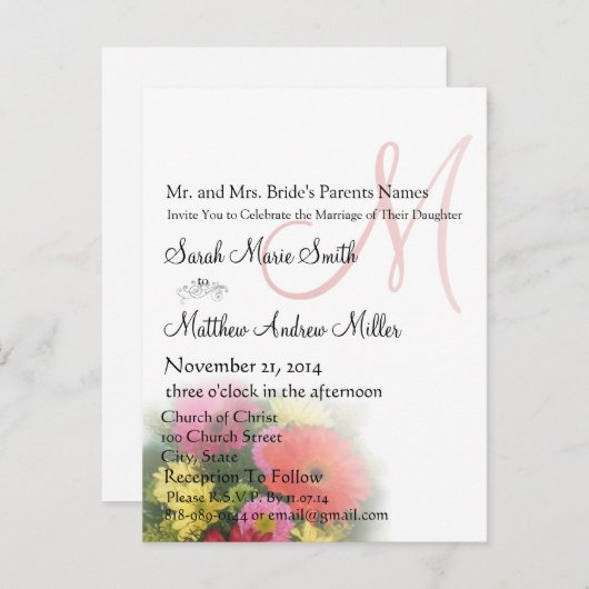 Elegant Monogram Gerber Daisies Huwelijksuitnodigi Uitnodiging Briefkaart (Voorkant / Achterkant)