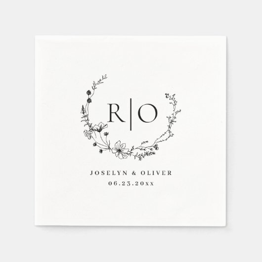 Elegant monogram geschetste bloemenkrans bruiloft servet (Voorkant)