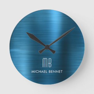 Elegant Monogram Geslagen Metaal Blauw Ronde Klok
