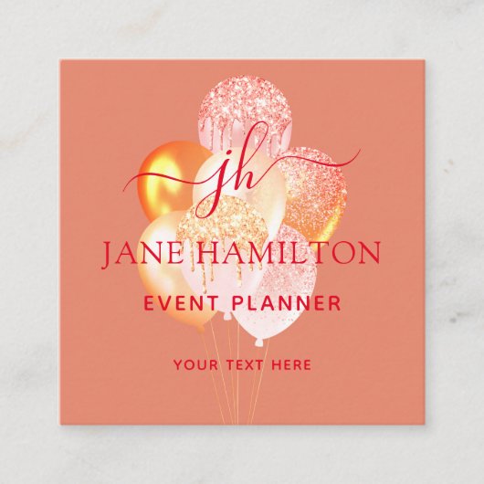 Elegant Monogram Glitter Balloons Vierkante Visitekaartje (Voorkant)