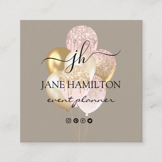 Elegant Monogram Glitter Balloons Vierkante Visitekaartje (Voorkant)
