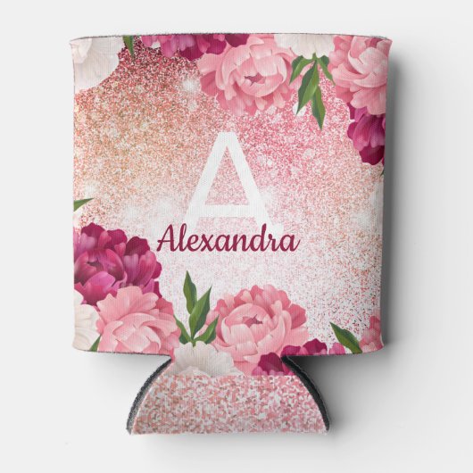 Elegant Monogram Glitter Floral roze Blikjeskoeler (Voorkant)