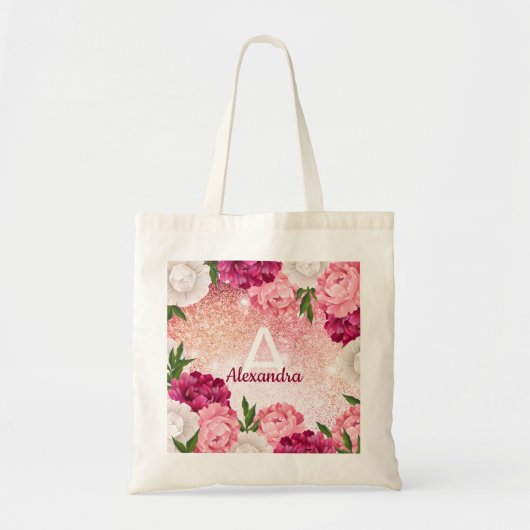Elegant Monogram Glitter Floral roze Tote Bag (Voorkant)