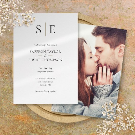 Elegant Monogram Gold Black Photo Weddenschap Kaart