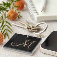 Elegant Monogram Gold Black Sleutelhanger