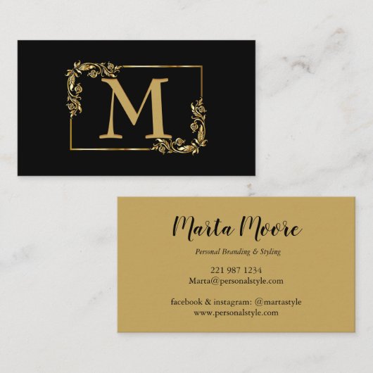 Elegant Monogram Gold en zwart Visitekaartje (Voorkant / Achterkant)