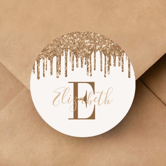 Elegant Monogram Gold Glitter Drip Ronde Sticker