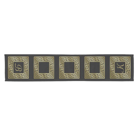 Elegant Monogram Gold Glitter Greek Key Black Korte Tafelloper (Horizontaal)