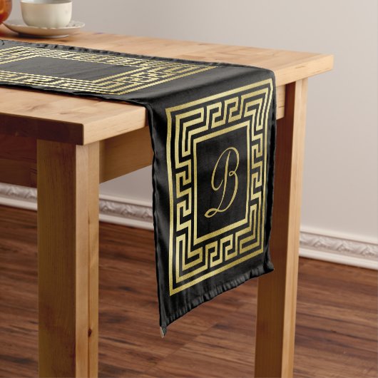 Elegant Monogram Gold Glitter Greek Key Black Korte Tafelloper (Voorbeeld)