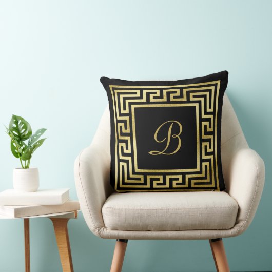 Elegant Monogram Gold Glitter Greek Key Black Kussen (Stoel)