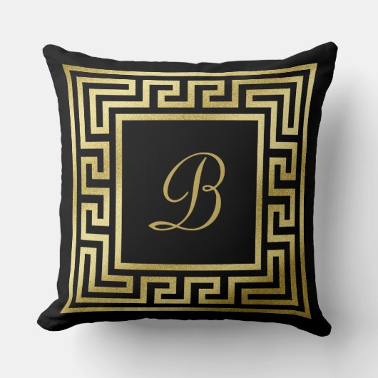 Elegant Monogram Gold Glitter Greek Key Black Kussen (Voorkant)