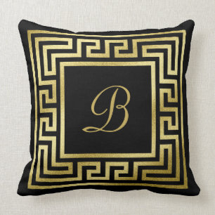 Elegant Monogram Gold Glitter Greek Key Black Kussen