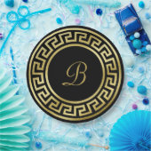 Elegant Monogram Gold Glitter Greek Key Black Papieren Bordje (Feest)