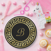 Elegant Monogram Gold Glitter Greek Key Black Papieren Bordje (Feest)