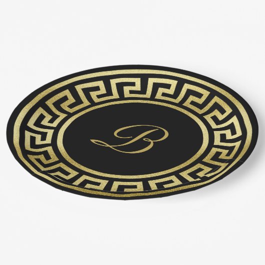 Elegant Monogram Gold Glitter Greek Key Black Papieren Bordje (Gekanteld)