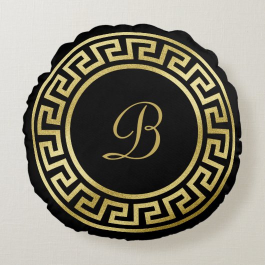 Elegant Monogram Gold Glitter Greek Key Black Rond Kussen (Voorkant)
