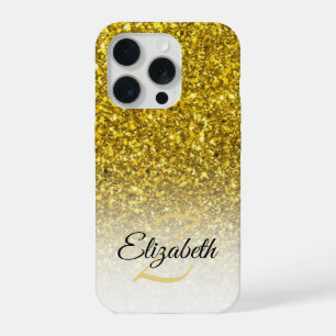 Elegant Monogram Gold Glitter Ombre Voornaam iPhone 15 Pro Case