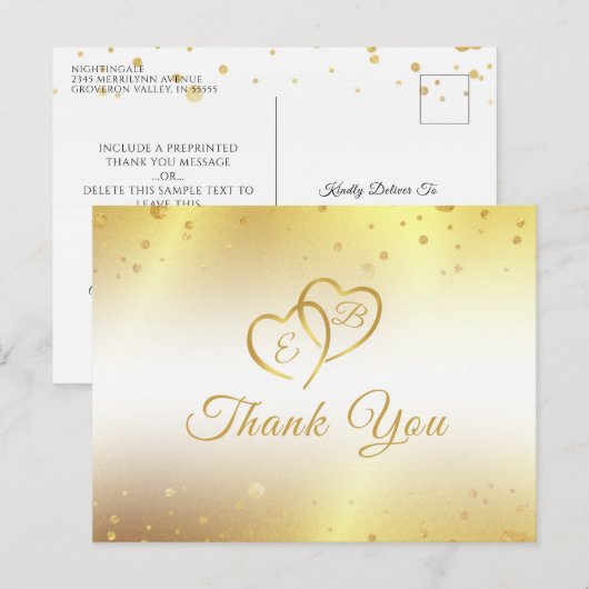 Elegant Monogram Gold Hearts Confetti Dank u wel Briefkaart (Voorkant / Achterkant)