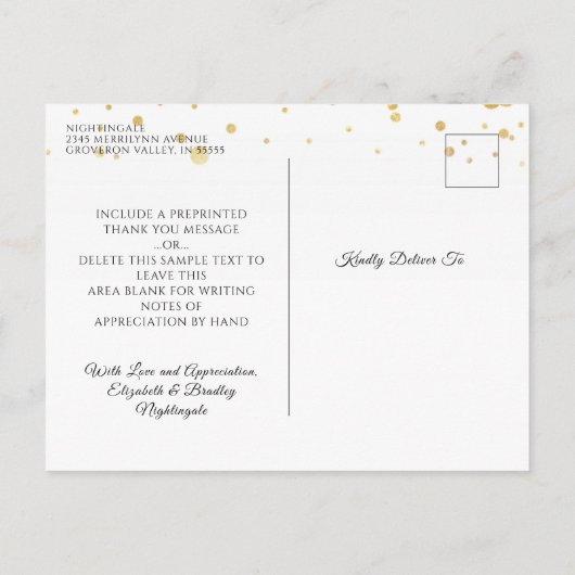 Elegant Monogram Gold Hearts Confetti Dank u wel Briefkaart (Achterkant)