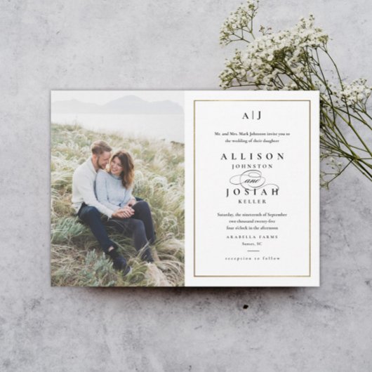 Elegant Monogram Gold Photo Wedding Kaart