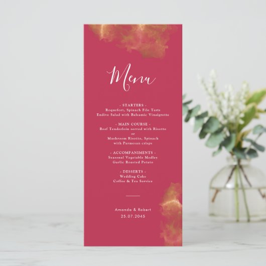 Elegant Monogram Gold Rode Roze Magenta Weddenscha Menu (Staand voorkant)