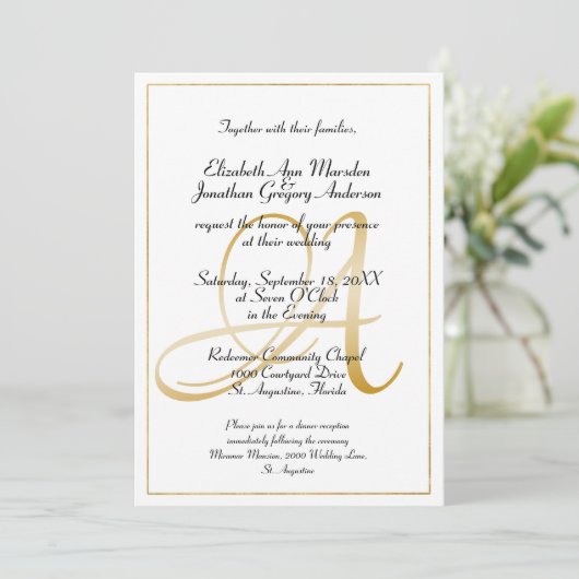 Elegant Monogram Gold Script Calligraphy Weddensch Kaart (Staand voorkant)