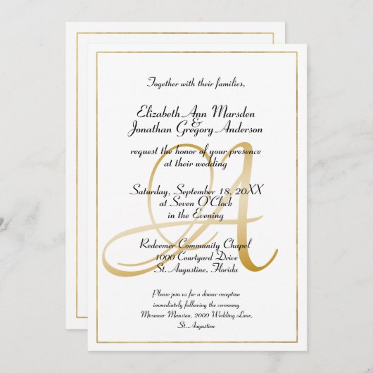 Elegant Monogram Gold Script Calligraphy Weddensch Kaart (Voorkant / Achterkant)