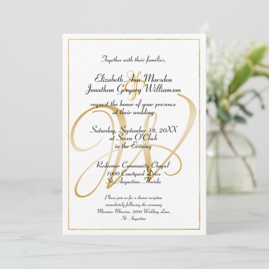 Elegant Monogram Gold Script Calligraphy Weddensch Kaart (Staand voorkant)