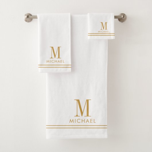 Elegant Monogram Gold Script Name White Bad Handdoek (Insitu)