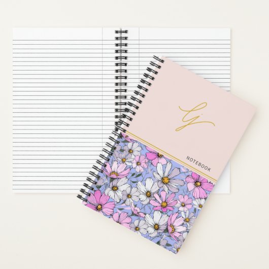 Elegant Monogram Gold Script Roze Blauwe Bloemen Notitieboek (Binnen)