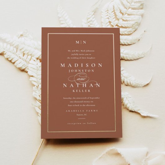 Elegant Monogram Gold Terracotta Wedding Kaart