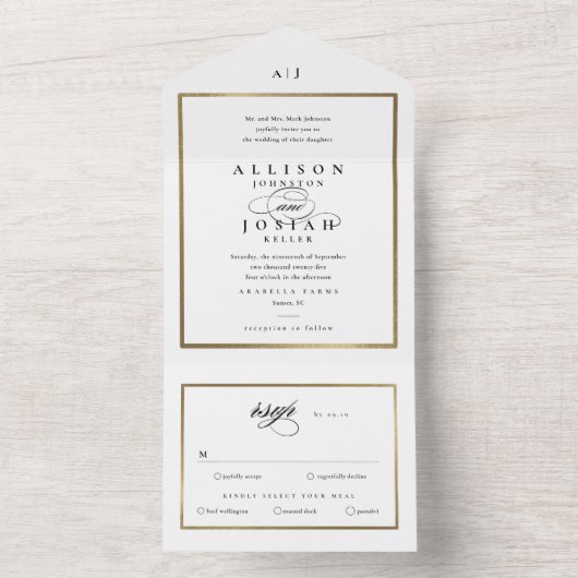 Elegant Monogram Gold Wedding All In One Uitnodiging (Binnen)