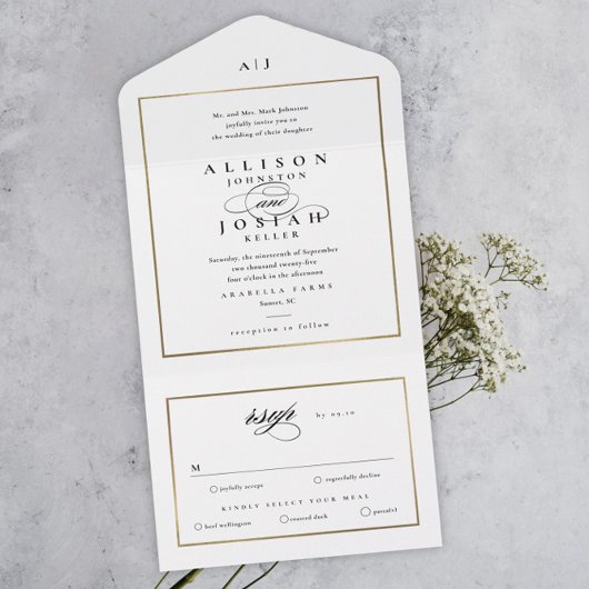 Elegant Monogram Gold Wedding All In One Uitnodiging
