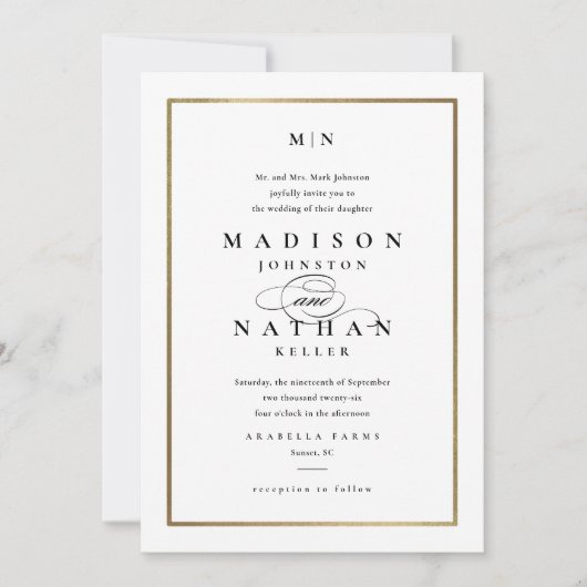 Elegant Monogram Gold Wedding Kaart (Voorkant)