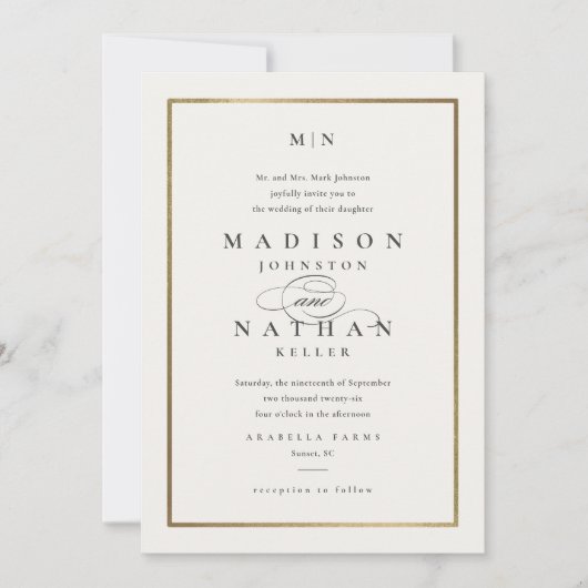 Elegant Monogram Gold Wedding Uitnodiging (Voorkant)